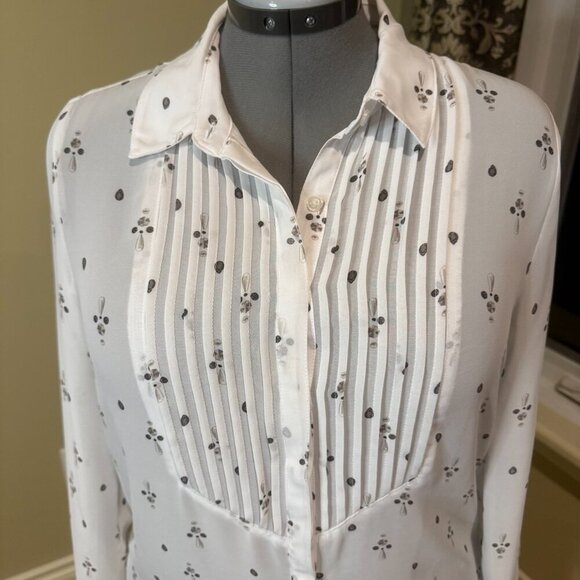 Reitmans white and grey blouse feminine flowy embellishments long sleeve office - Picture 4 of 11